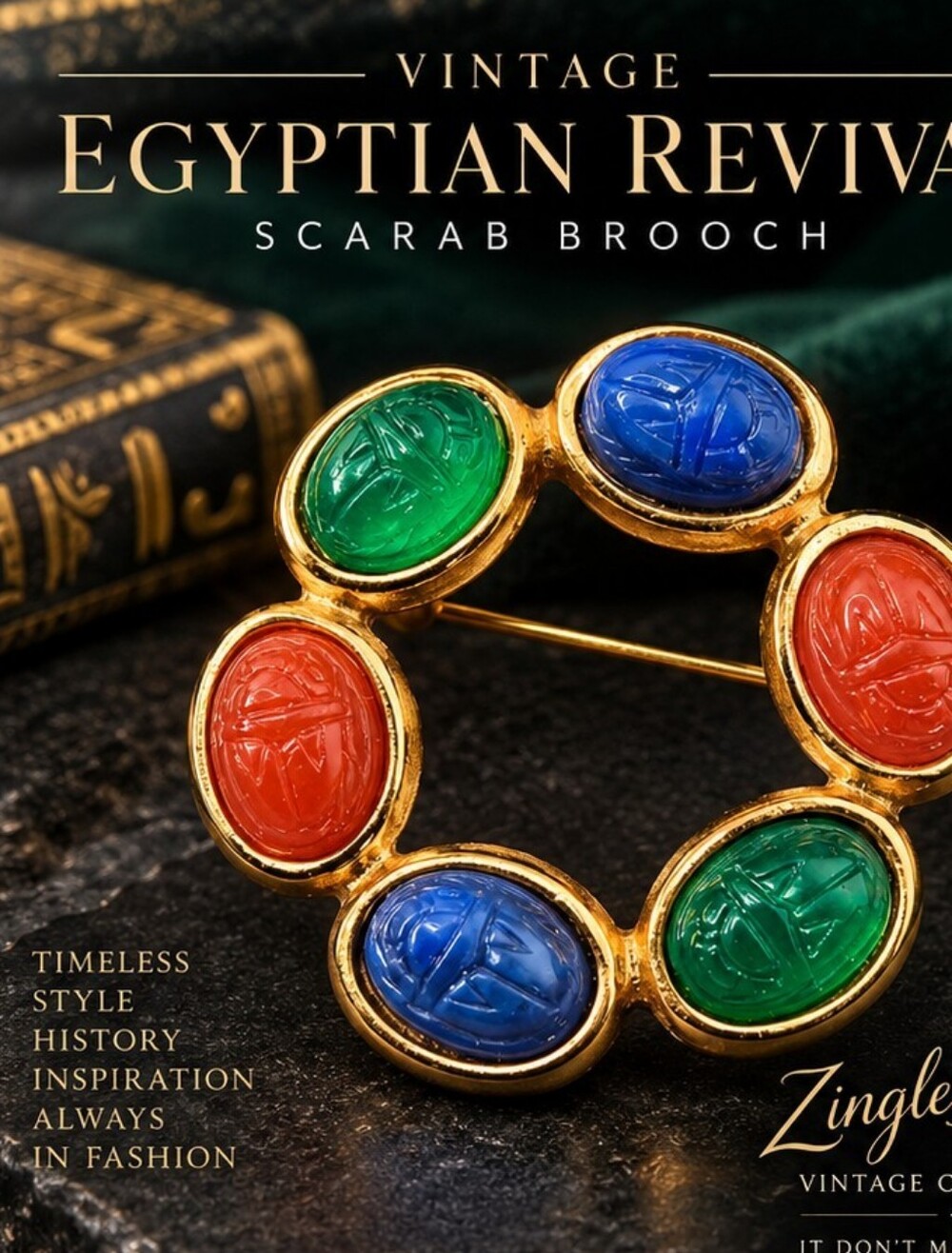 Vintage Egyptian Revival Scarab Brooch Multicolor Cabochon Gold Tone Pin